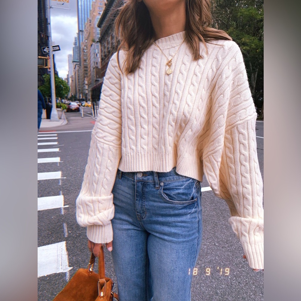 Ivory Cropped Cable Knit Sweater